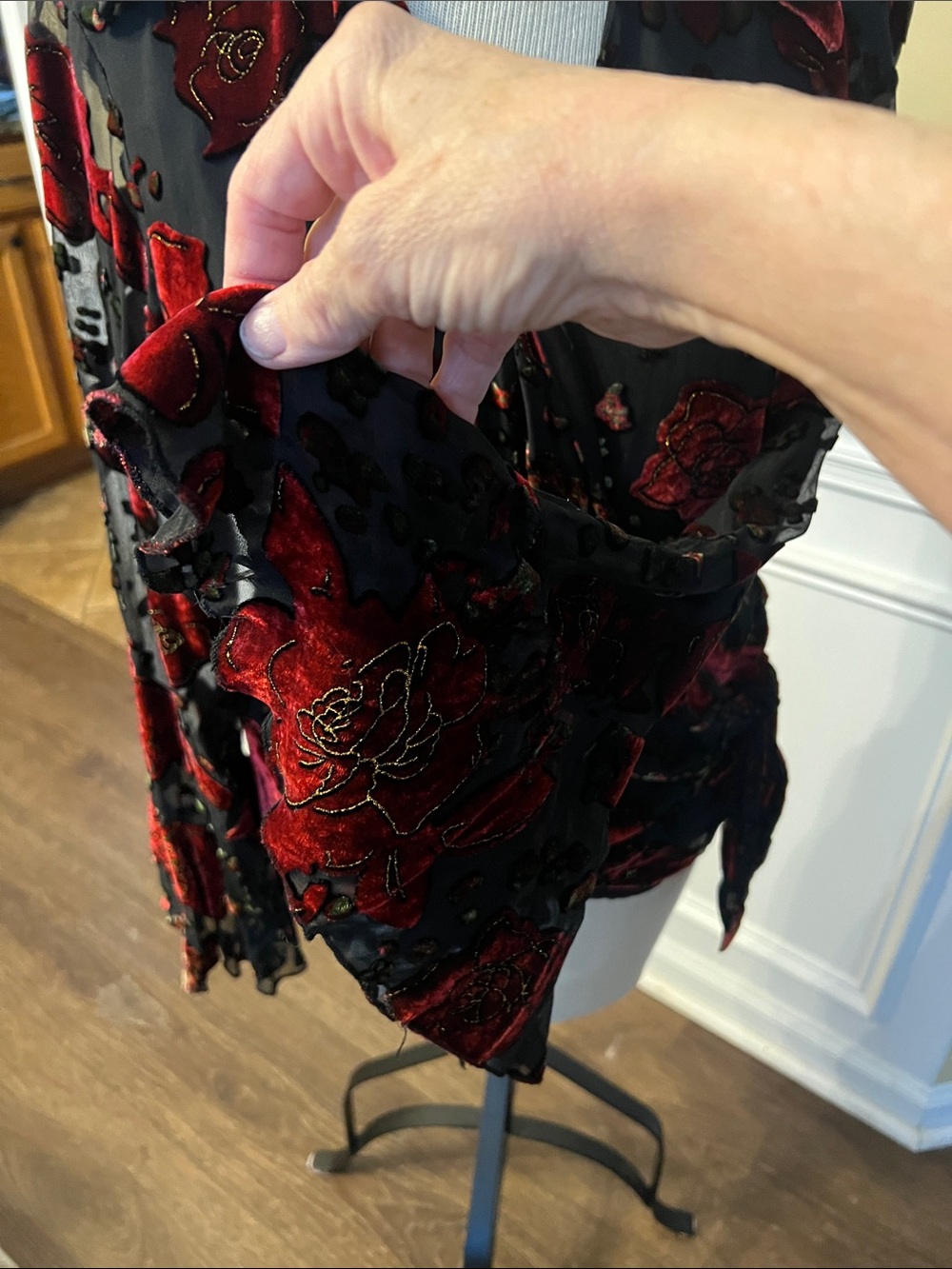 Dress Barn Black Blouse with Red Velvet Floral Burnout - Picture 2 of 6